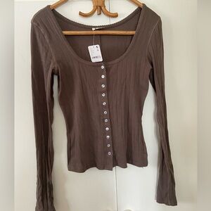 Free People Brown Pointelle Button Top M